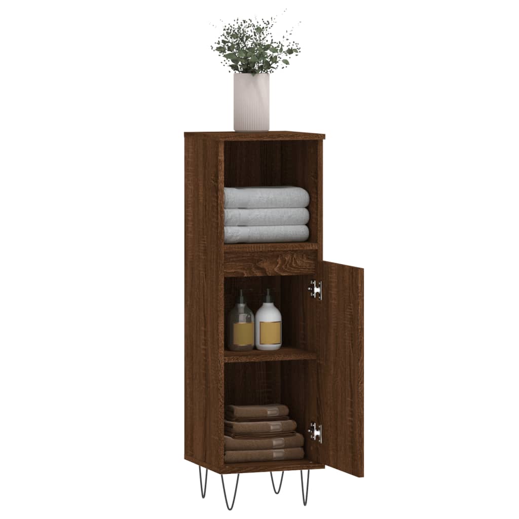 badeværelsesskab 30x30x100 cm konstrueret træ brunt egetræ - Image 4