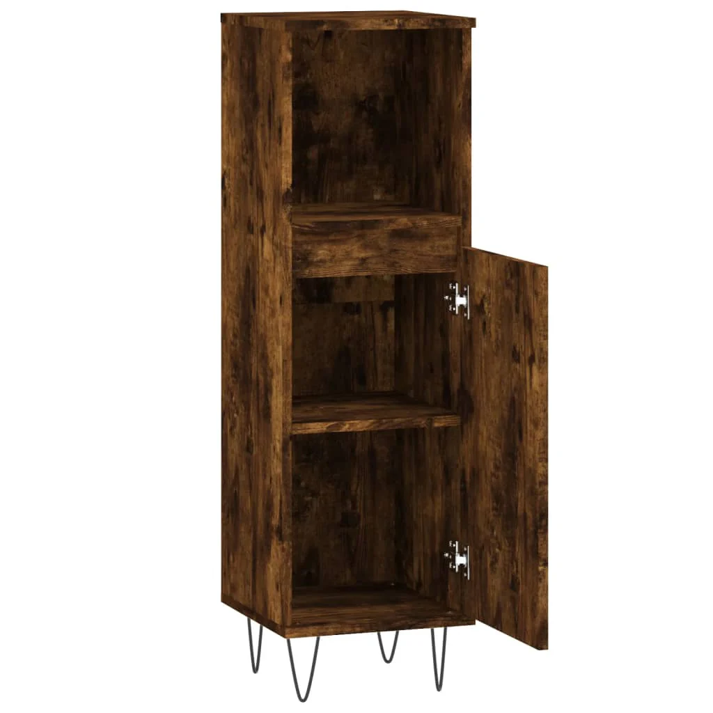badeværelsesskab 30x30x100 cm konstrueret træ røget egetræ - Image 6