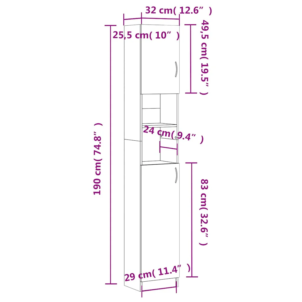 badeværelsesskab 32x25,5x190 cm konstrueret træ grå sonoma-eg - Image 10