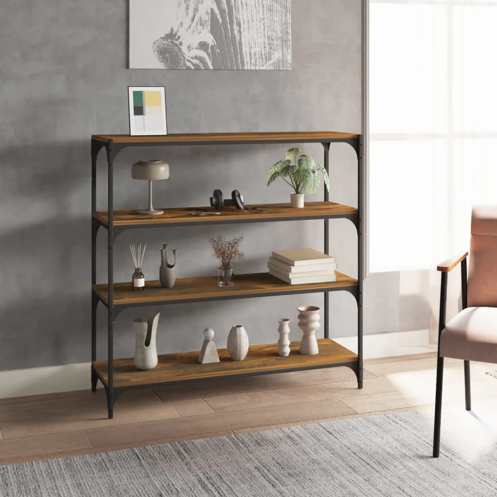 bogreol 100x33x100 cm konstrueret træ og stål røget egetræ