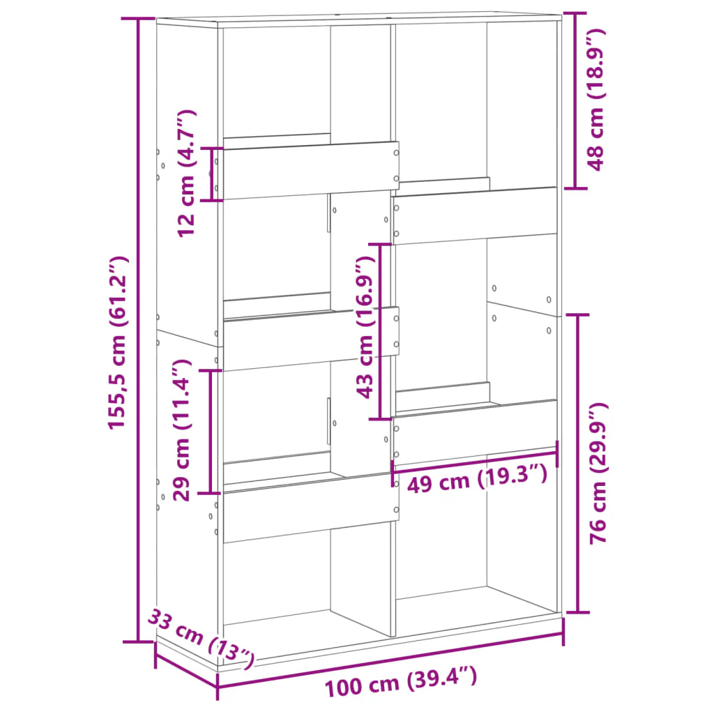 bogreol 100x33x155,5 cm konstrueret træ betongrå - Image 8
