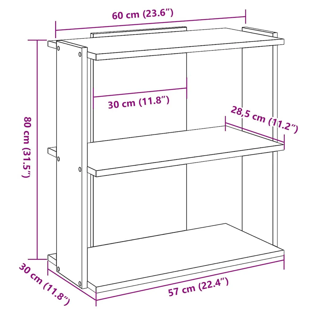 bogreol 3 hylder 60x30x80 cm konstrueret træ røget eg - Image 8