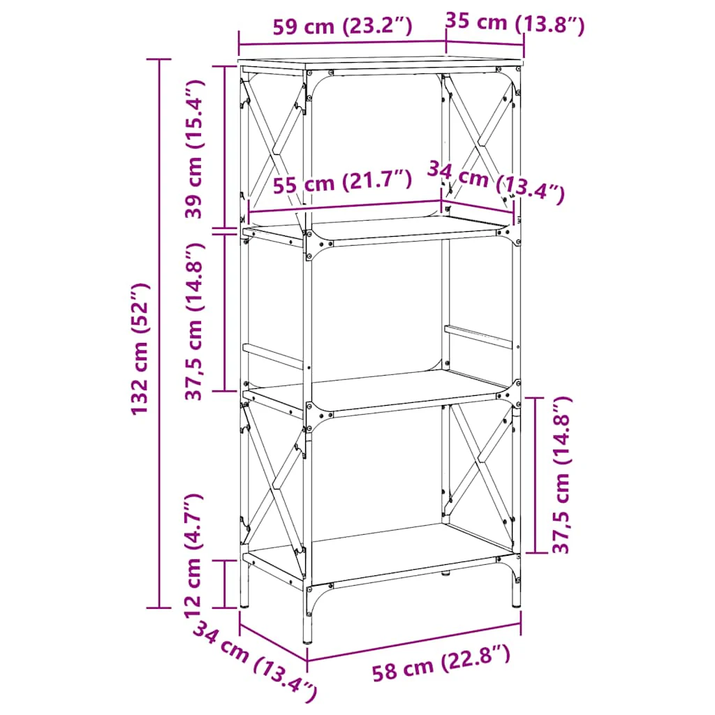 bogreol 4 hylder 59x35x132 cm konstrueret træ røget eg - Image 8