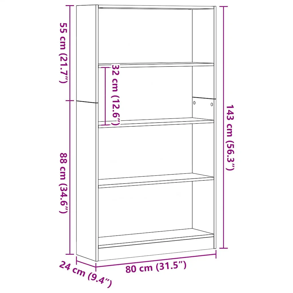bogreol 4 hylder 80x24x143 cm konstrueret træ sort egetræsfarve - Image 9