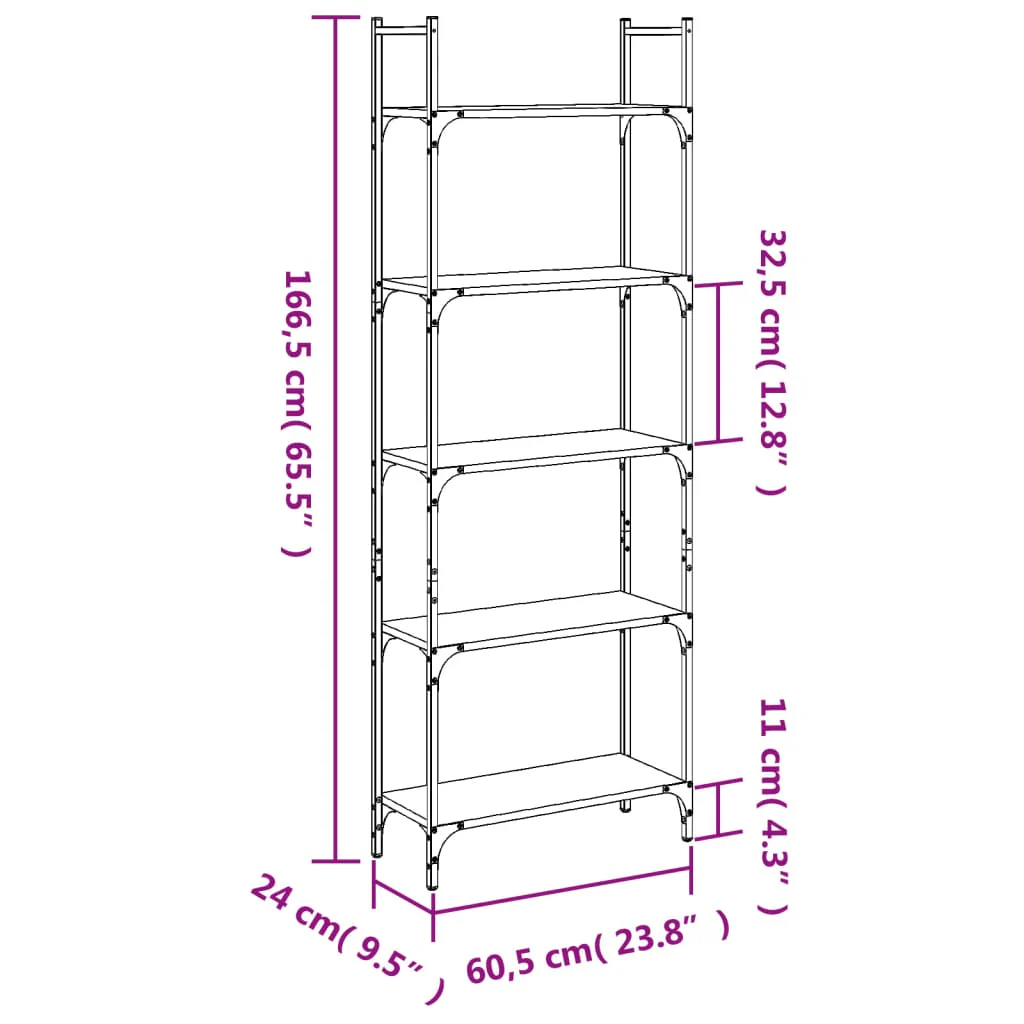 bogreol 60,5x24x166,5 cm 4 hylder konstrueret træ røget eg - Image 9
