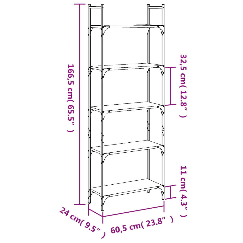 bogreol 60,5x24x166,5 cm 5 hylder konstrueret træ brunt eg - Image 9