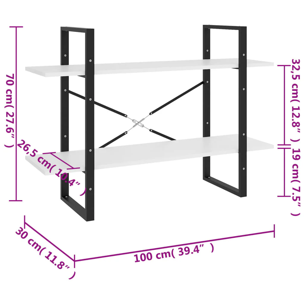 bogreol med 2 hylder 100x30x70 cm konstrueret træ hvid - Image 7