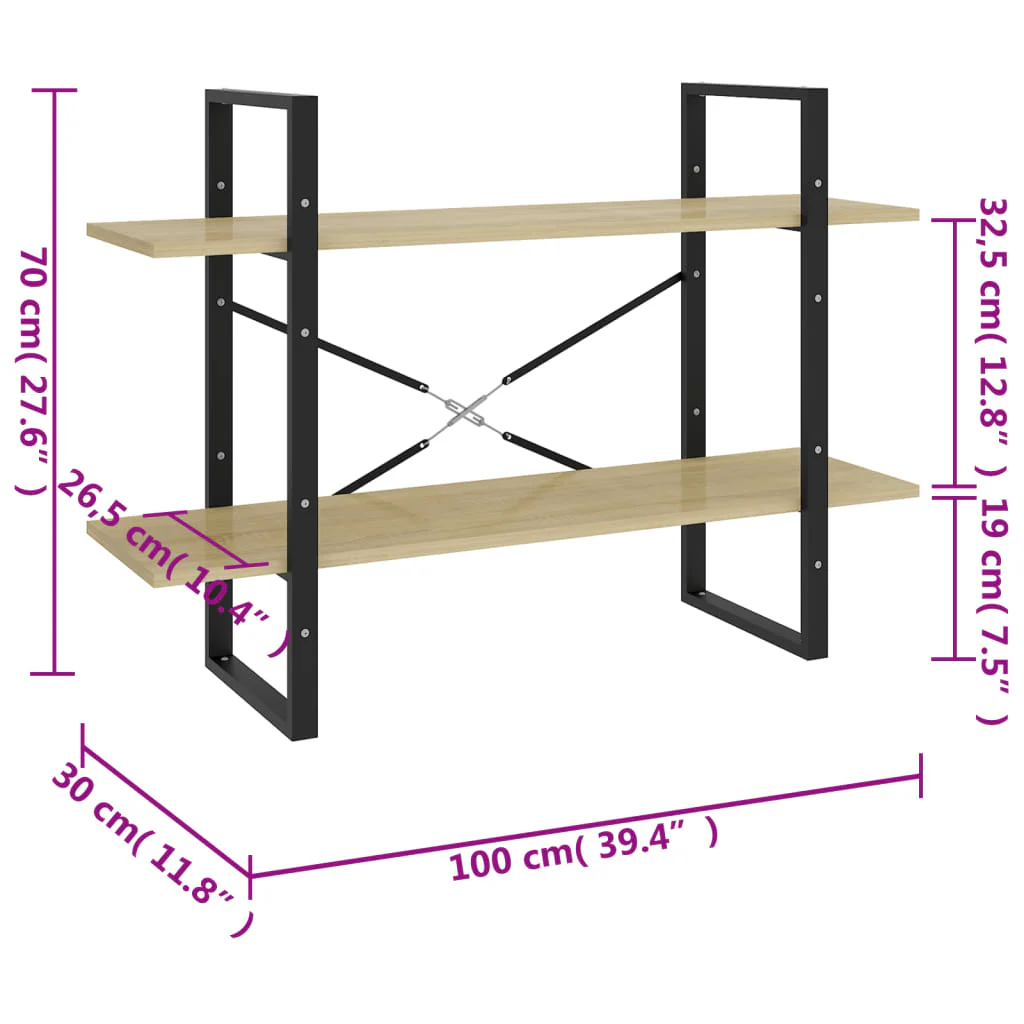 bogreol med 2 hylder 100x30x70 cm konstrueret træ sonoma-eg - Image 7