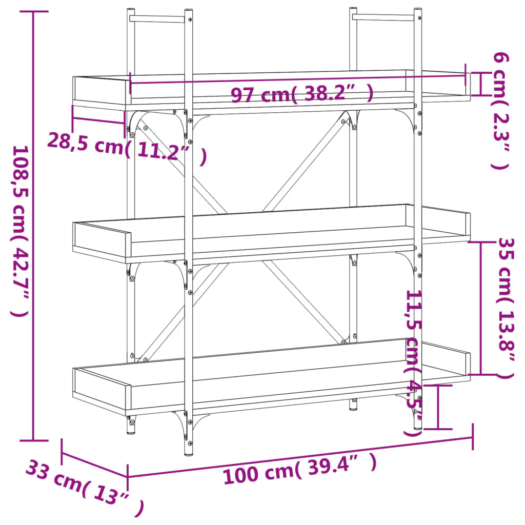 bogreol med 3 hylder 100x33x108,5 cm konstrueret træ brun eg - Image 8