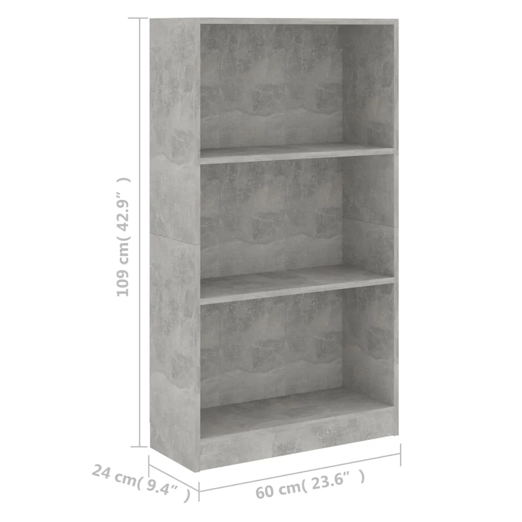 bogreol med 3 hylder 60x24x109 cm konstrueret træ betongrå - Image 6