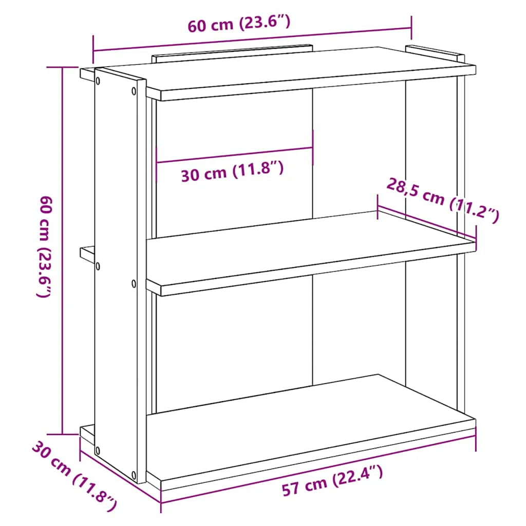 bogreol med 3 hylder 60x30x60 cm konstrueret træ antikt træ - Image 8