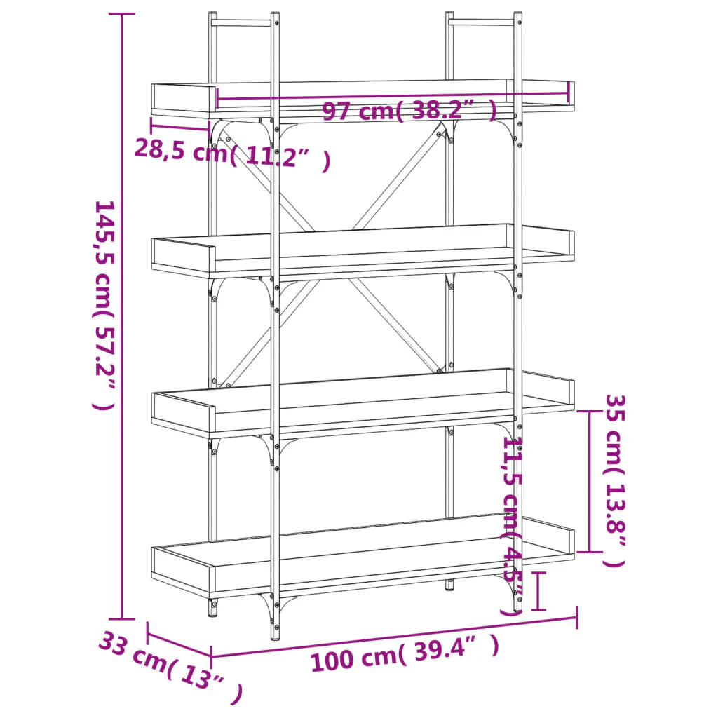 bogreol med 4 hylder 100x33x145,5 cm konstrueret træ brunt eg - Image 8
