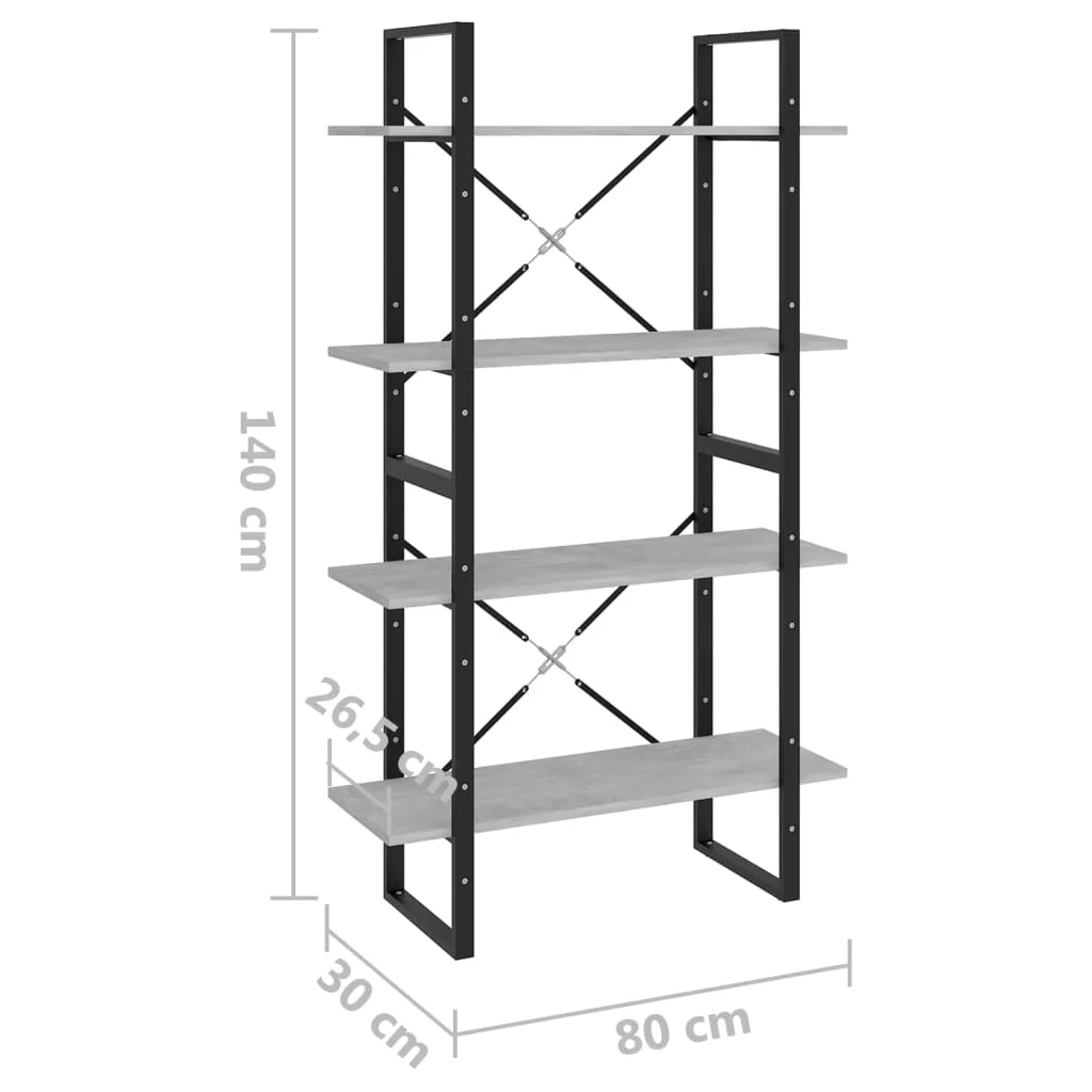 bogreol med 4 hylder 80x30x140 cm konstrueret træ betongrå - Image 7