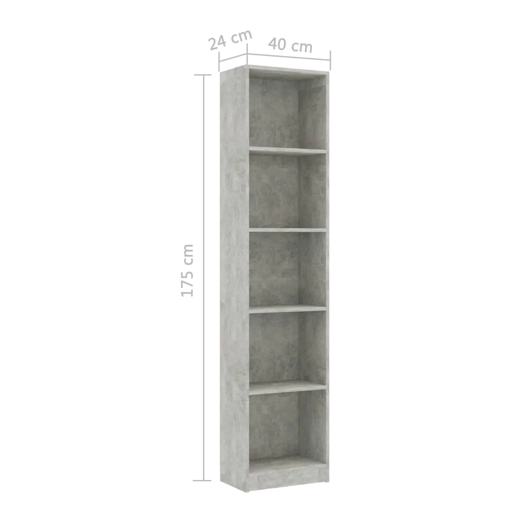 bogreol med 5 hylder 40x24x175 cm konstrueret træ betongrå - Image 6