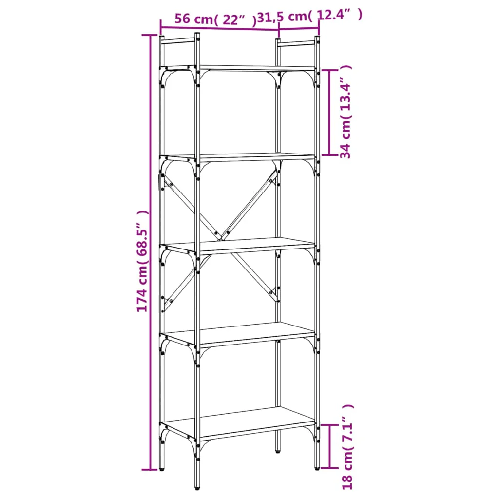 bogreol med 5 hylder 56x31,5x174 cm konstrueret træ røget eg - Image 8