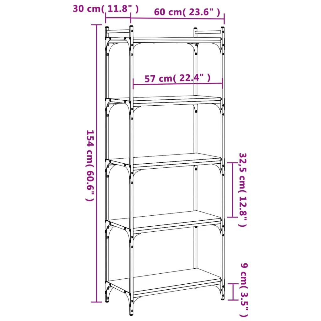 bogreol med 5 hylder 60x30x154 cm konstrueret træ sort - Image 8
