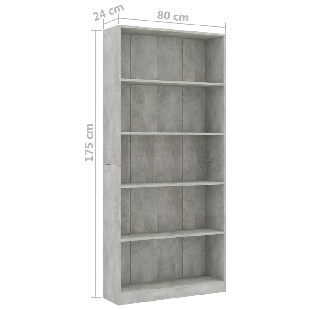 bogreol med 5 hylder 80x24x175 cm konstrueret træ betongrå - Image 6