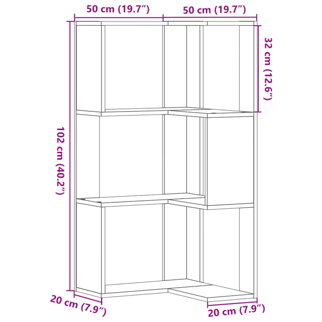 bogreol til hjørne 50x50x102 cm 3 hylder konstrueret træ hvid - Image 8
