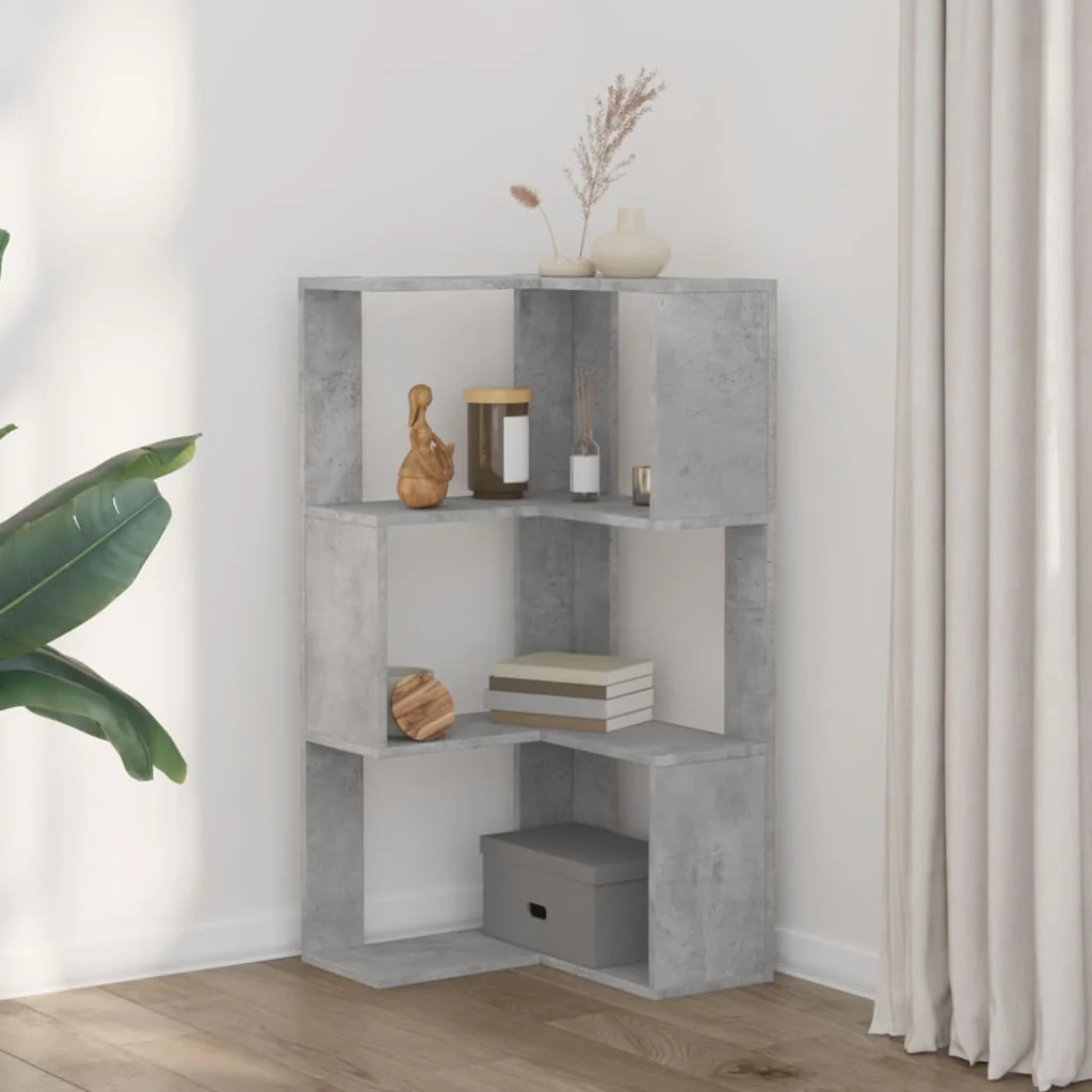 bogreol til hjørne 50x50x102cm 3hylder konstrueret træ betongrå - Image 3