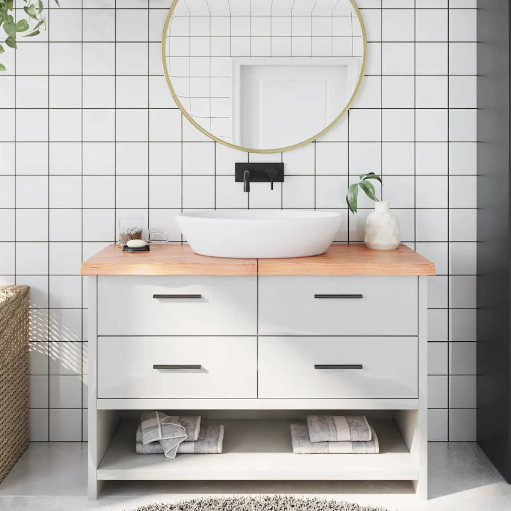 bordplade til badeværelse 120x50x(2-4) cm massivt træ lysebrun