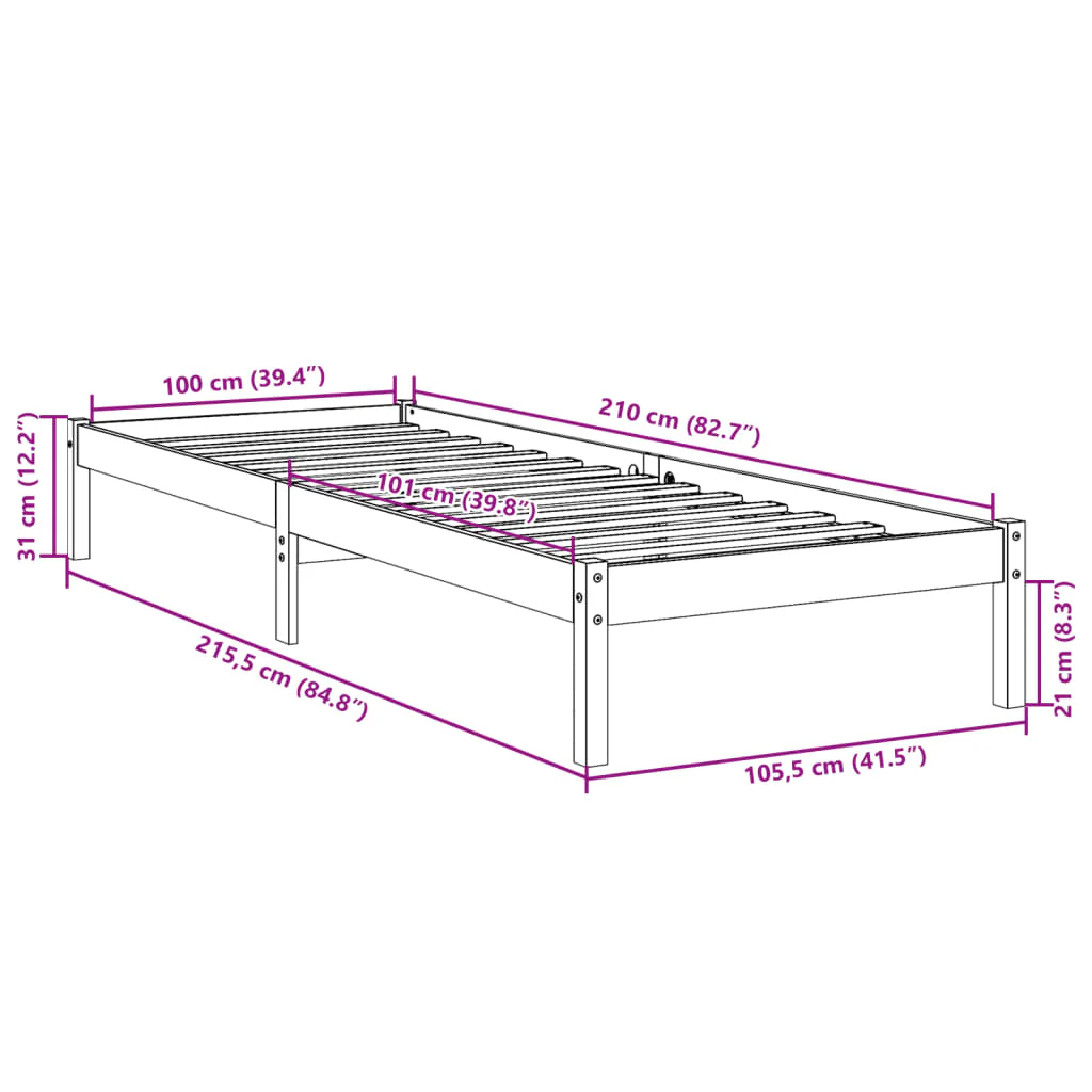 ekstra lang sengeramme uden madras 100x210 cm massivt fyrretræ - Image 8