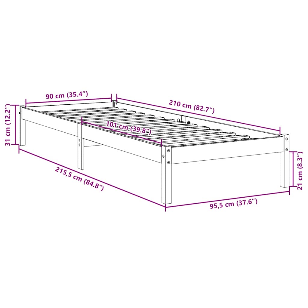 ekstra lang sengeramme uden madras 90x210 cm massivt fyrretræ - Image 8