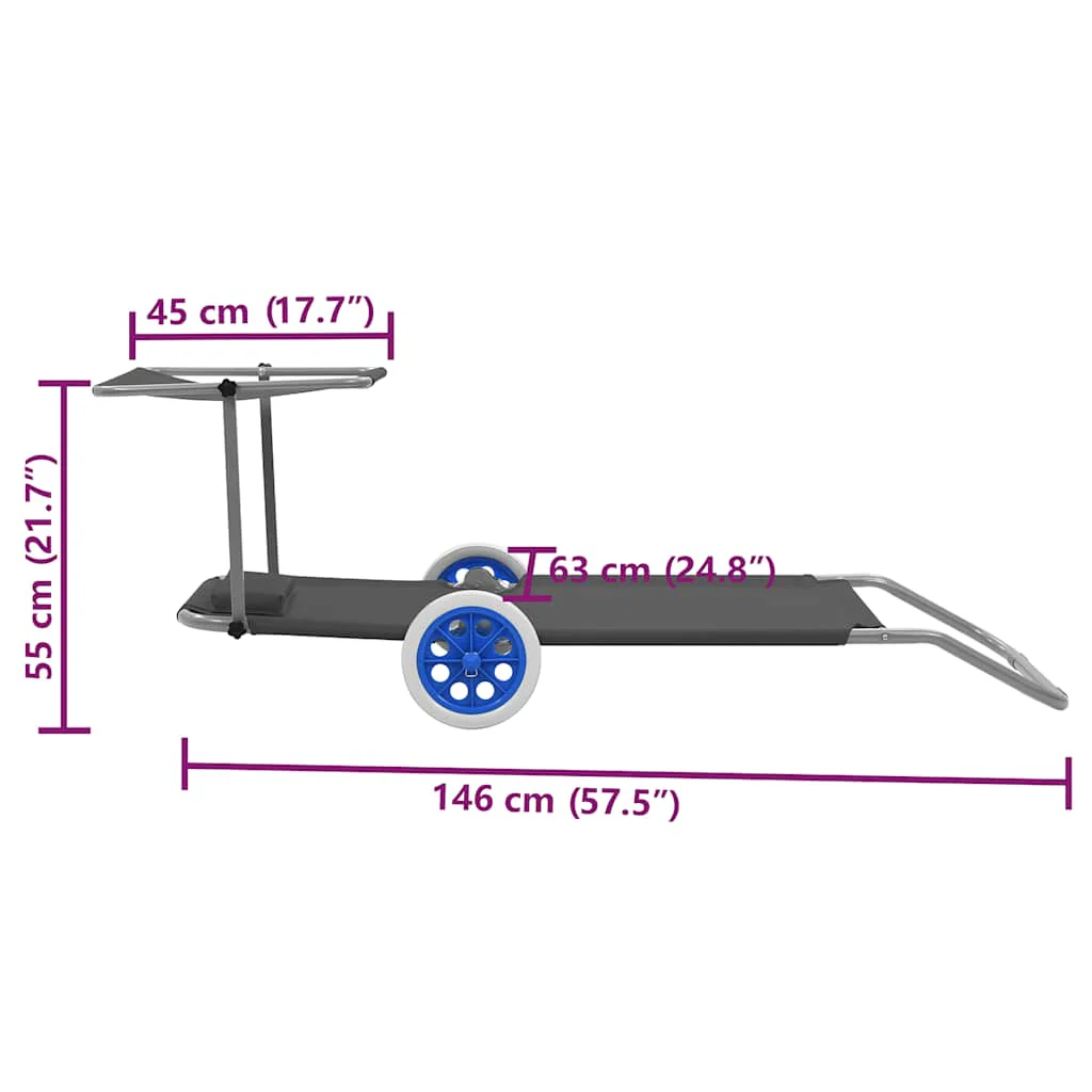 foldbar liggestol med baldakin og hjul stål grå - Image 8
