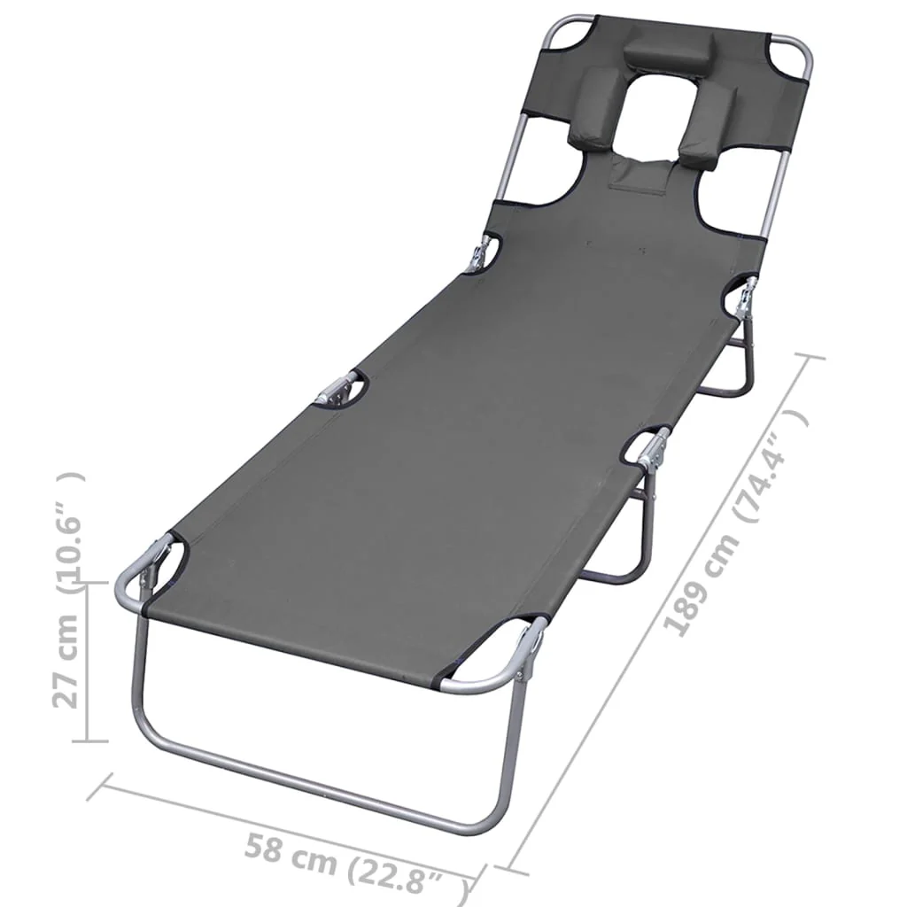 foldbar liggestol med hovedhynde justerbart ryglæn grå - Image 7