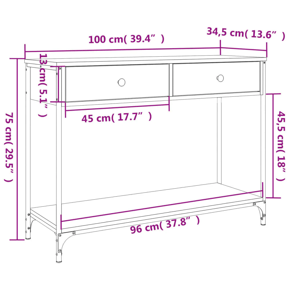 konsolbord 100x34,5x75 cm konstrueret træ røget egetræsfarve - Image 10