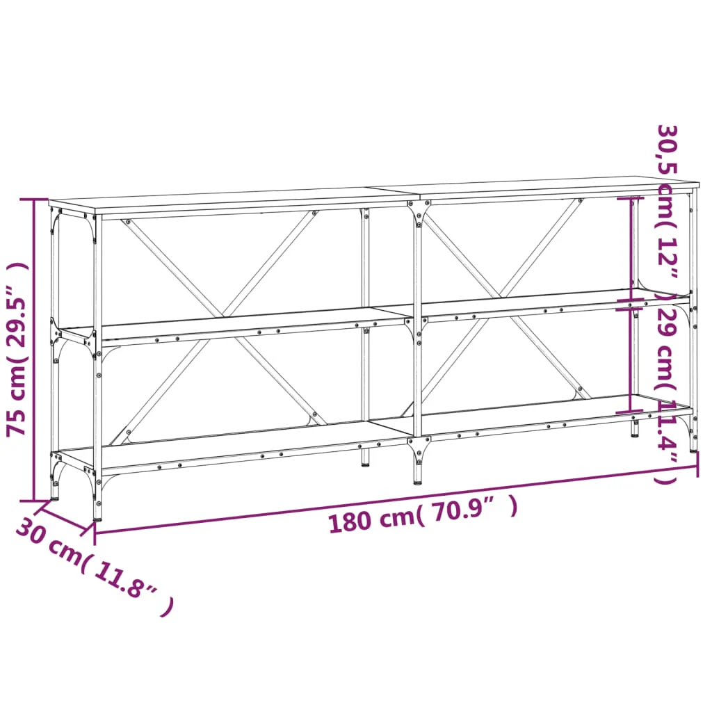 konsolbord 180x30x75 cm konstrueret træ og jern brunt egetræ - Image 8