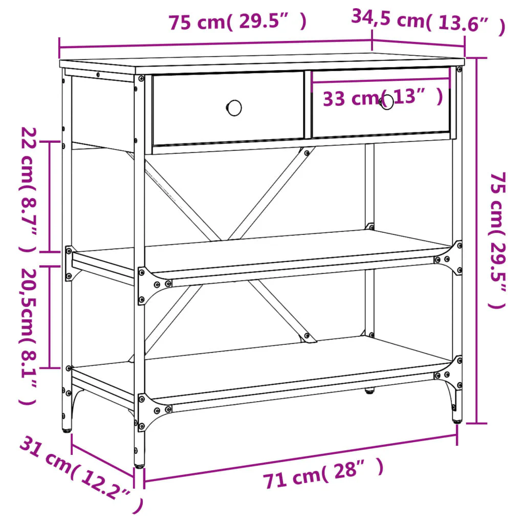 konsolbord 75x34,5x75 cm konstrueret træ røget egetræsfarve - Image 10