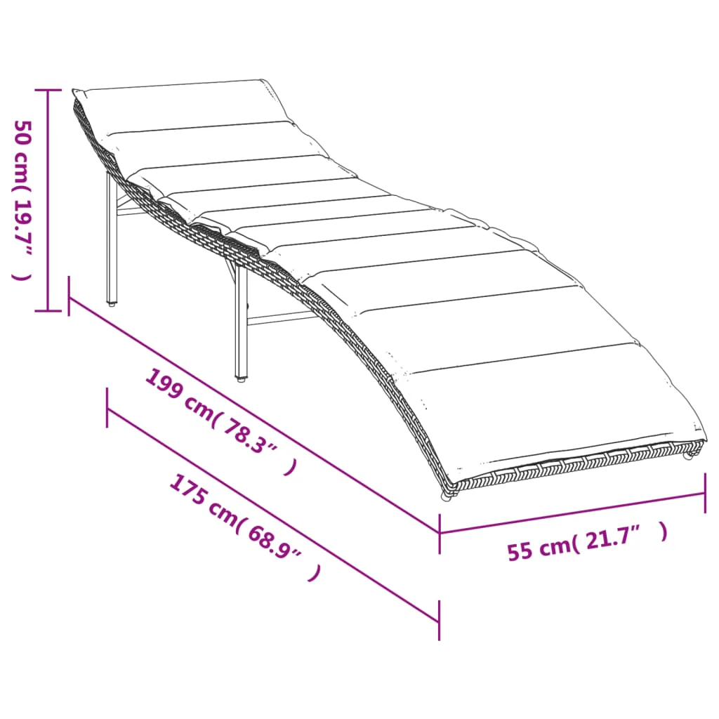 liggestol med hynde 55x199x50 cm polyrattan sort - Image 9