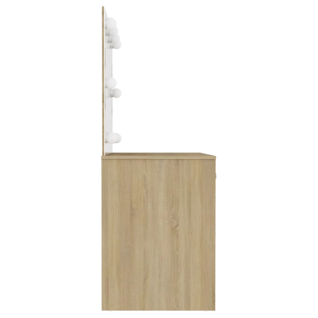 makeupbord med LED-lys 110x55x145 cm MDF egetræ - Image 4