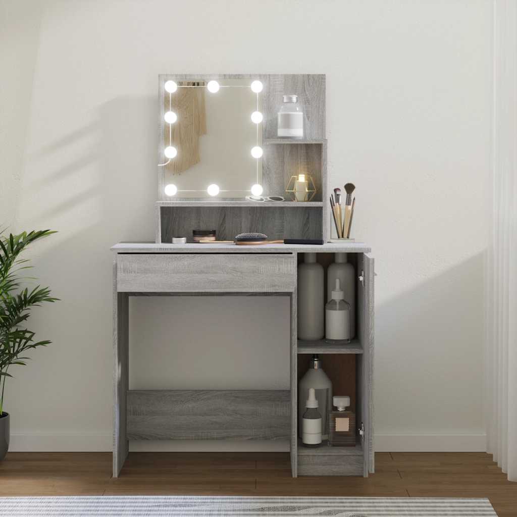 makeupbord med LED-lys 86,5x35x136 cm grå sonoma-eg