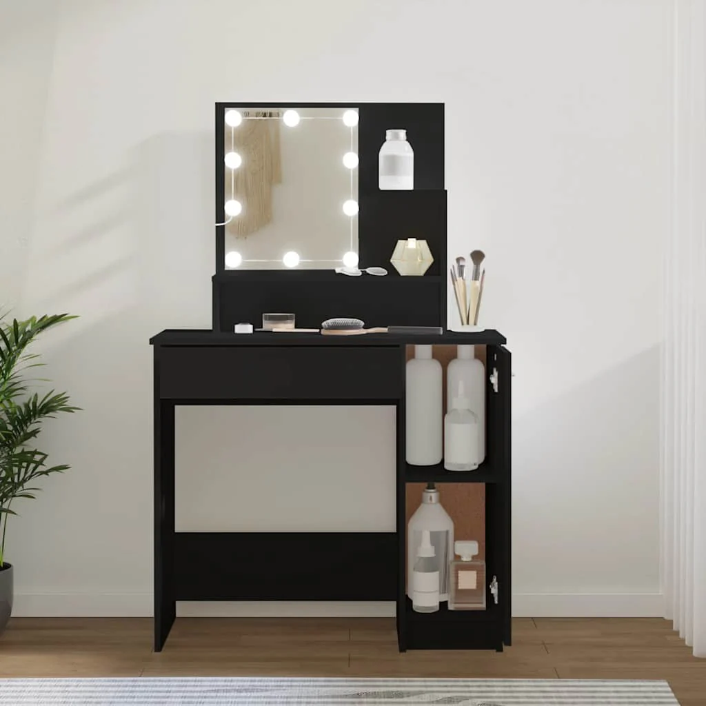makeupbord med LED-lys 86,5x35x136 cm sort