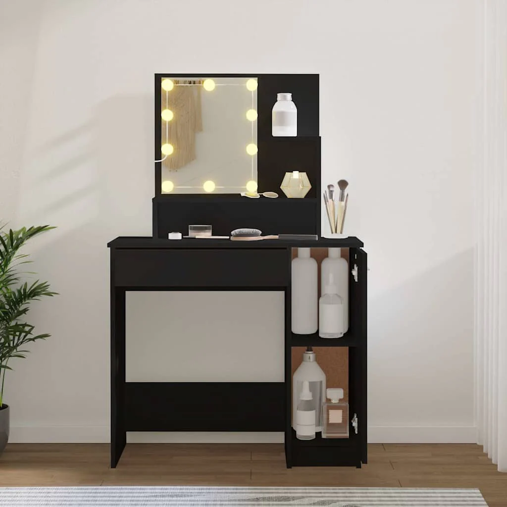 makeupbord med LED-lys 86,5x35x136 cm sort - Image 3