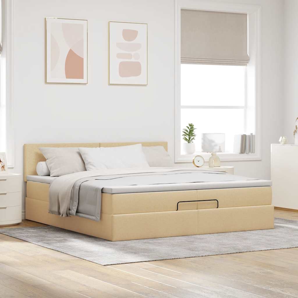 osmannisk sengeramme med madras 200x200 cm stof cremefarvet - Image 3
