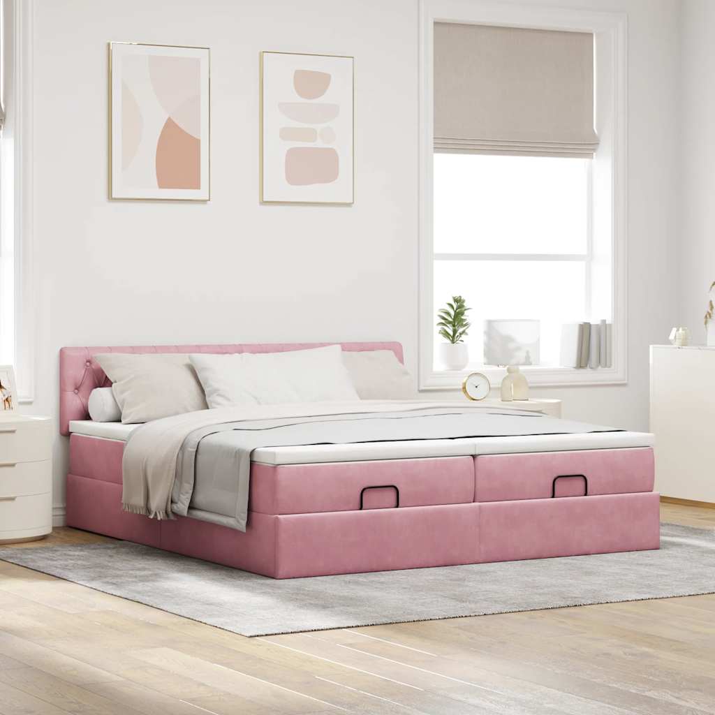 osmannisk sengeramme med madrasser 200x200 cm fløjl lyserød - Image 3