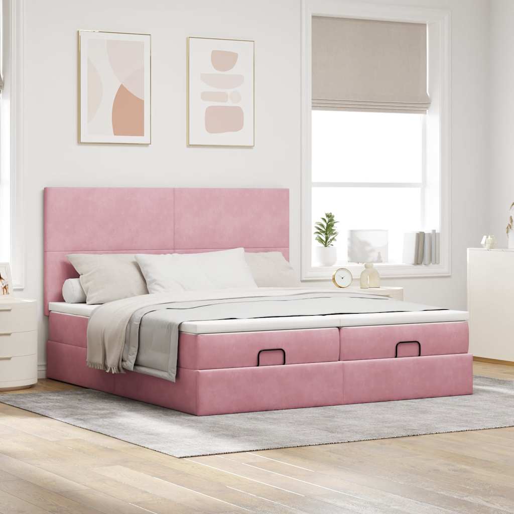 osmannisk sengeramme med madrasser 200x200 cm fløjl lyserød - Image 4