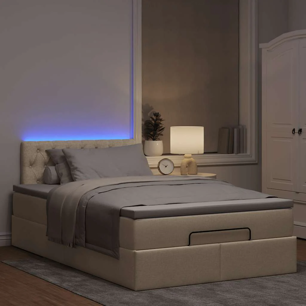 ottoman seng med madras & LEDs 120x190cm stof cremefarvet - Image 3