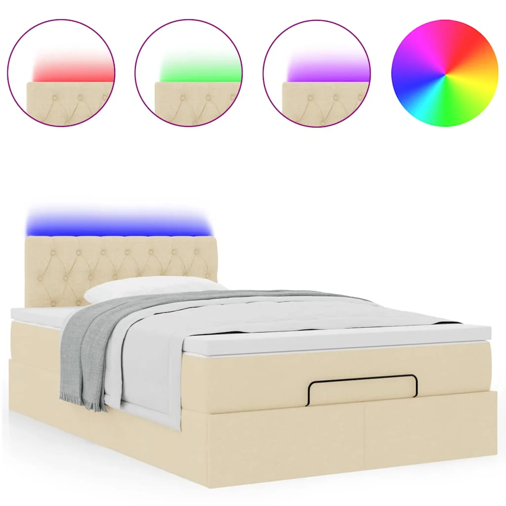 ottoman seng med madras & LEDs 120x190cm stof cremefarvet - Image 5