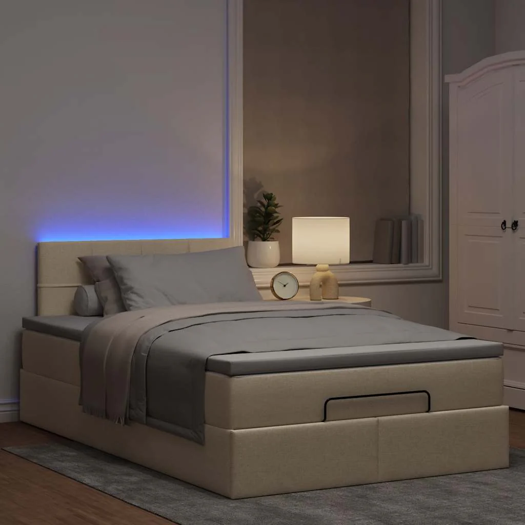 ottoman seng med madras & LEDs 120x190cm stof cremefarvet - Image 3