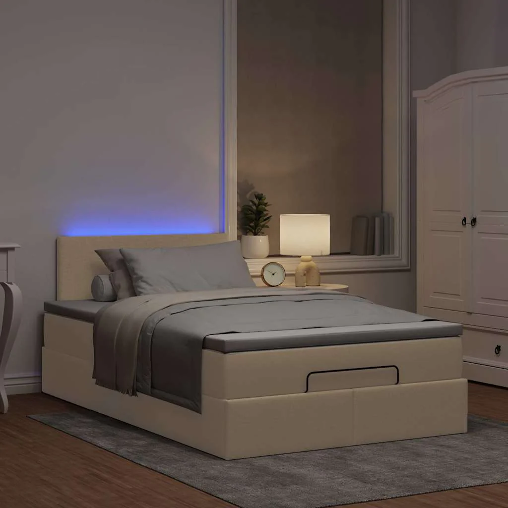 ottoman seng med madras & LEDs 120x190cm stof cremefarvet - Image 3