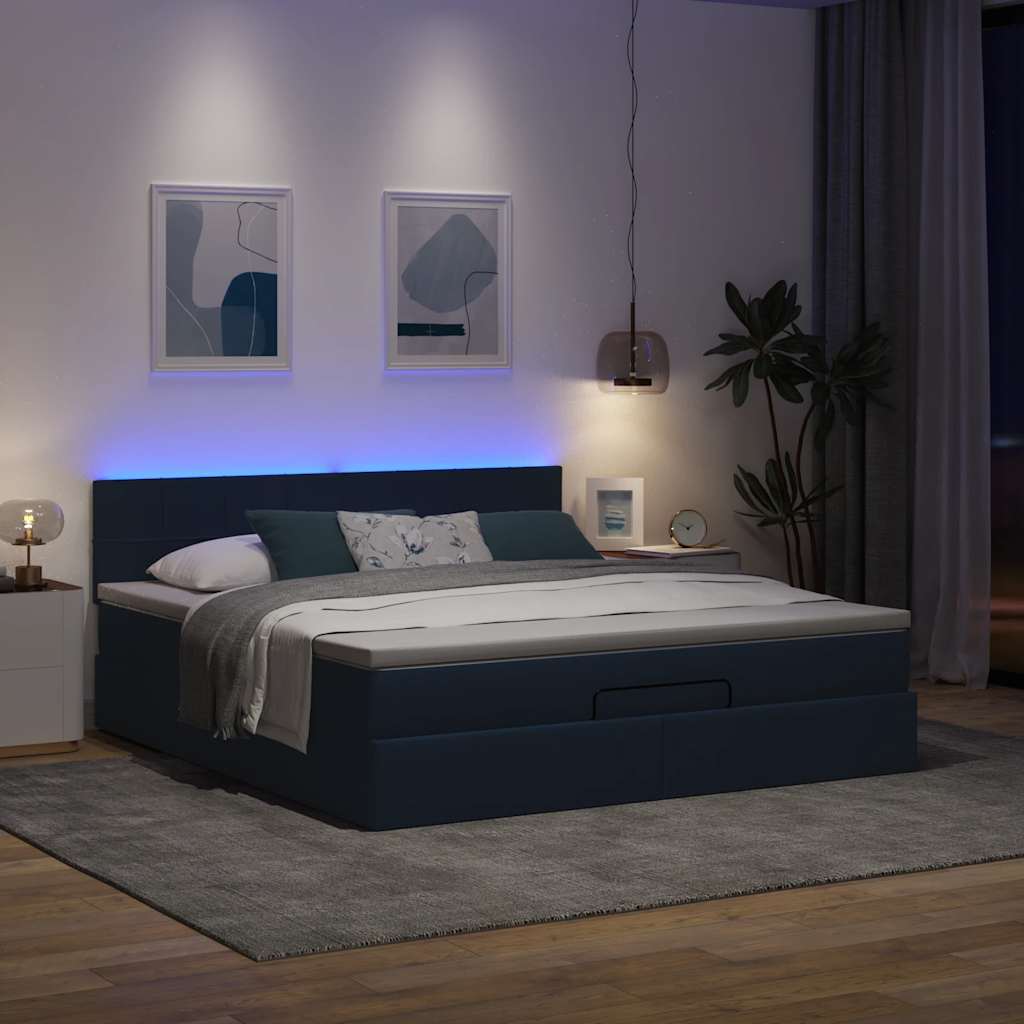 ottoman seng med madras & LEDs 180x200cm stof blå - Image 3
