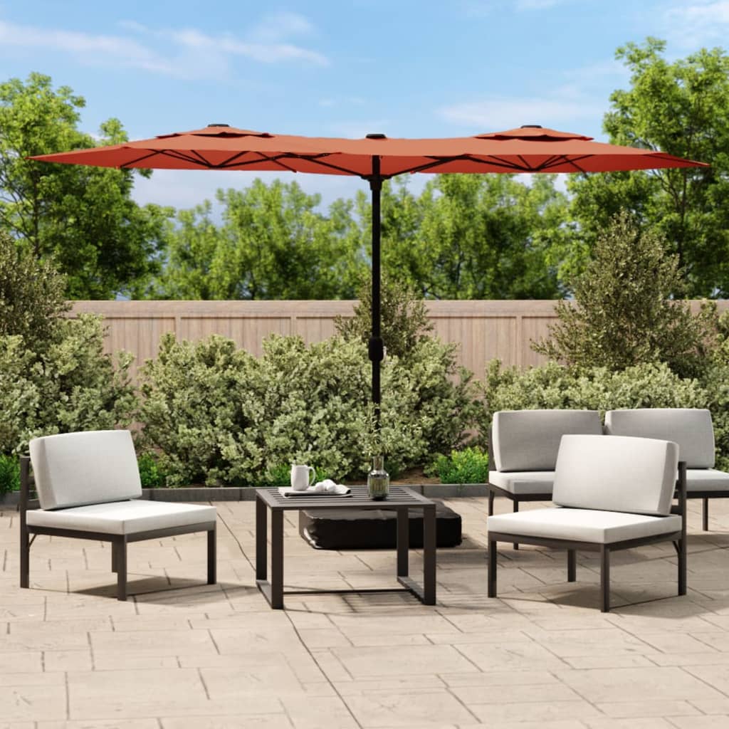 parasol m. dobbelt parasoldug og LED-lys 316x145 cm terrakotta