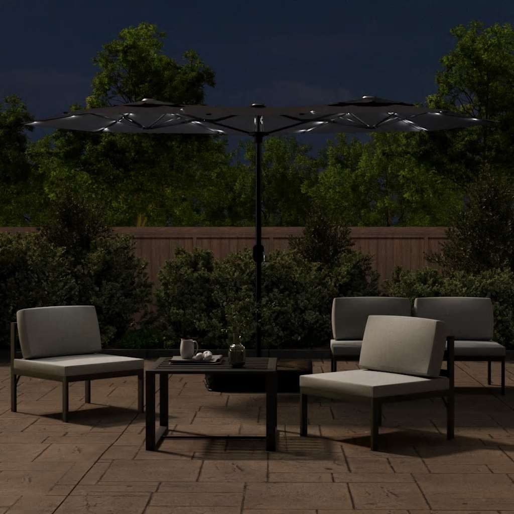 parasol med dobbelt parasoldug og LED-lys 316x145 cm sort - Image 3