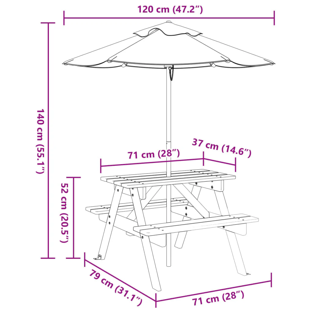 picnicbord til 4 børn m. parasol massivt grantræ - Image 10