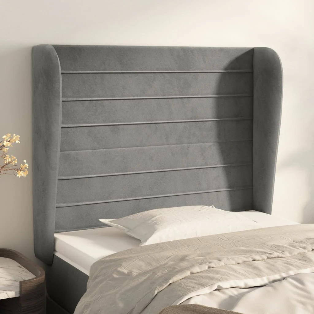 sengegavl med kanter 103x23x118/128 cm fløjl lysegrå
