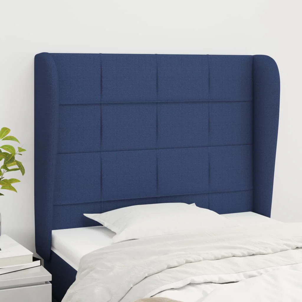 sengegavl med kanter 103x23x118/128 cm stof blå