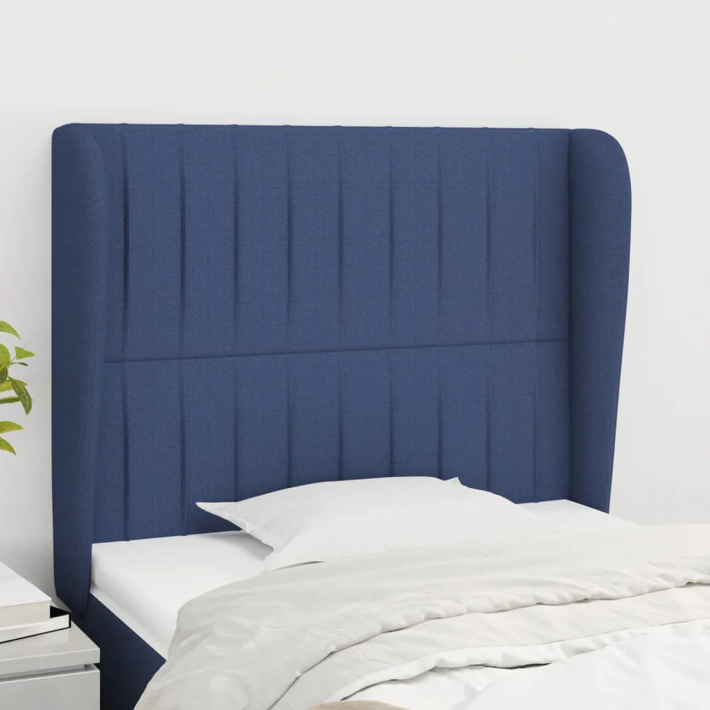 sengegavl med kanter 103x23x118/128 cm stof blå